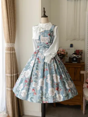 Dusty Blue Strawberry and Rose Square Neckline Elegant Classic Lolita JSK Dress