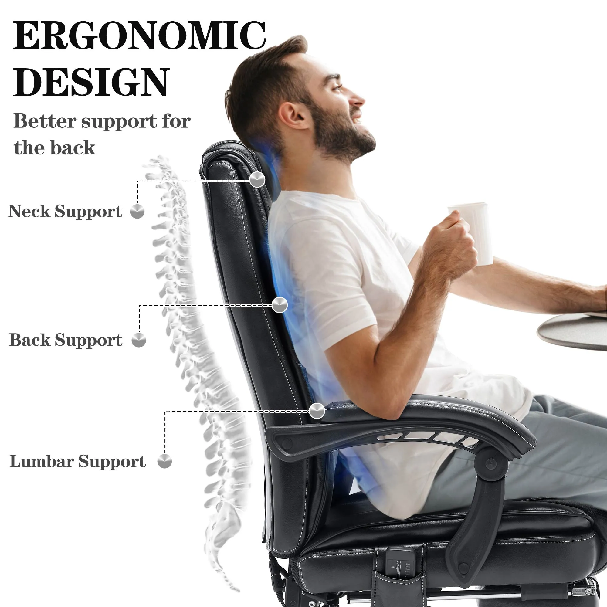 Ergonomic Adjustable Height Massage and Heated Executive Office Chair Black