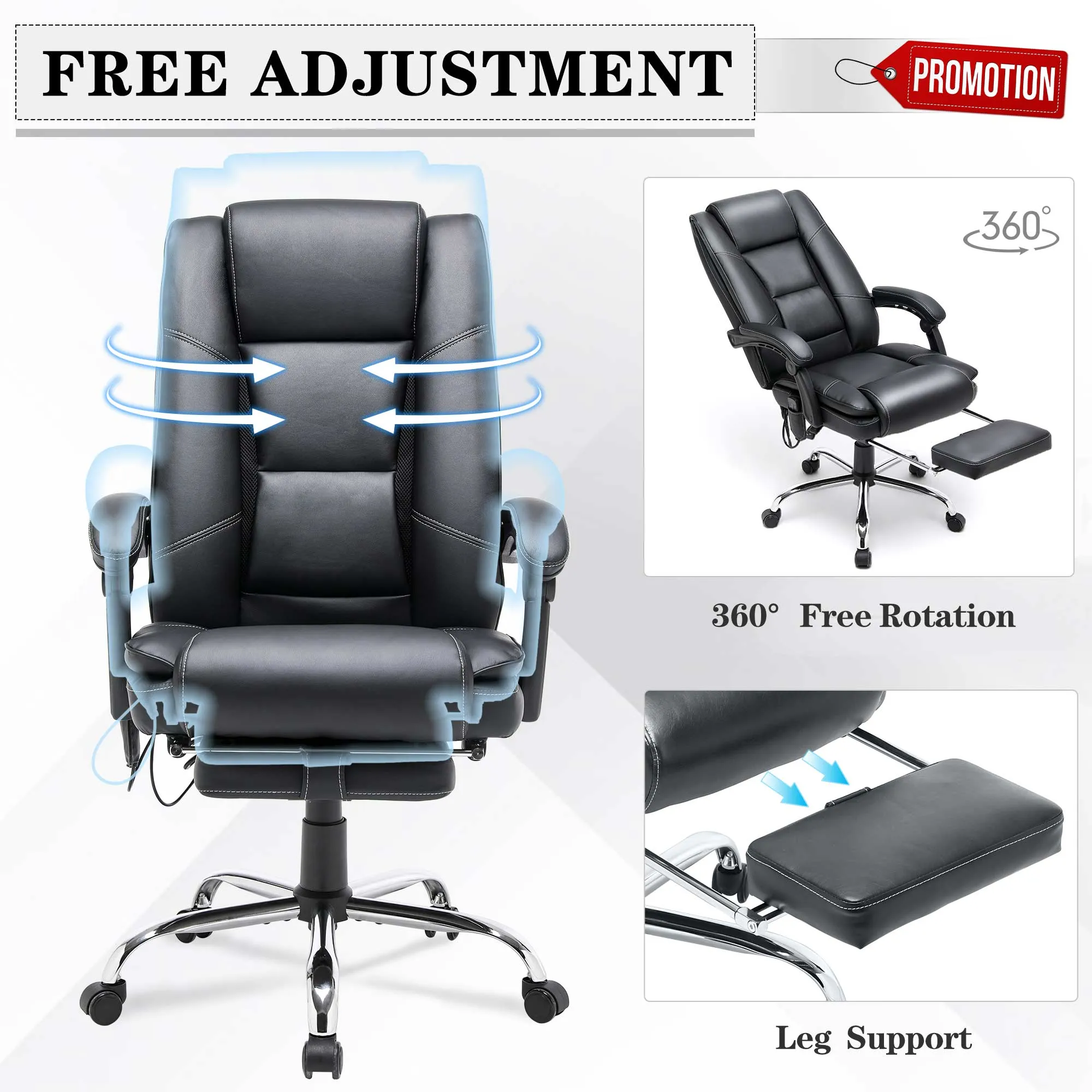 Ergonomic Adjustable Height Massage and Heated Executive Office Chair Black