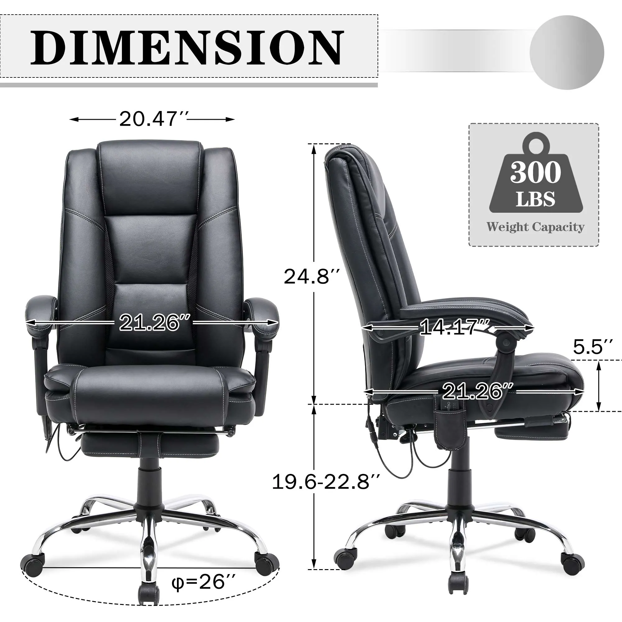Ergonomic Adjustable Height Massage and Heated Executive Office Chair Black