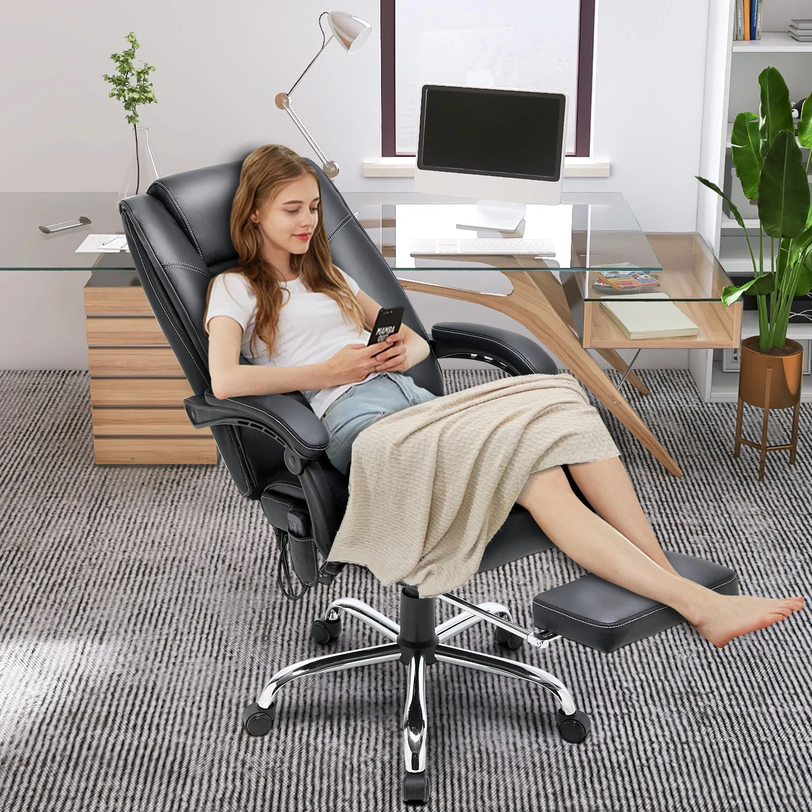 Ergonomic Adjustable Height Massage and Heated Executive Office Chair Black
