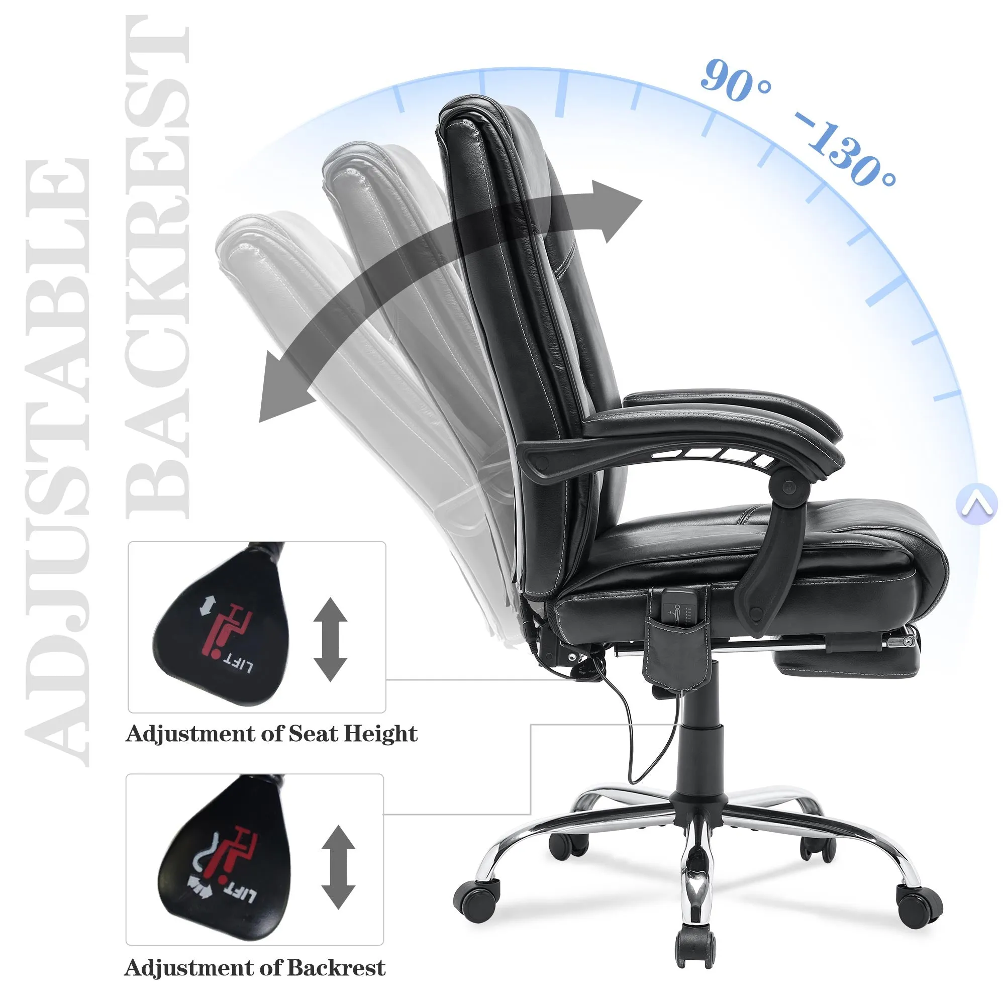 Ergonomic Adjustable Height Massage and Heated Executive Office Chair Black