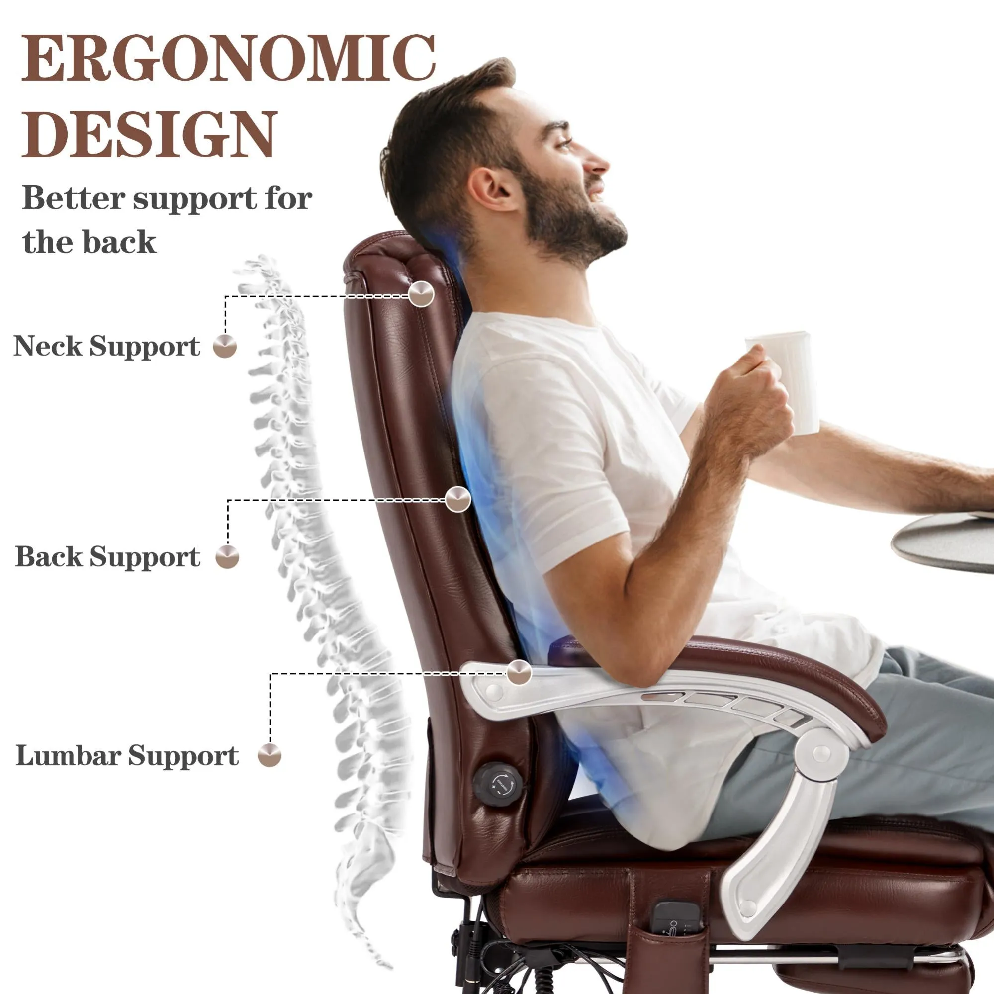 Executive Office Chair, Ergonomic Desk Chair Big and Tall Massage and Heated, Brown