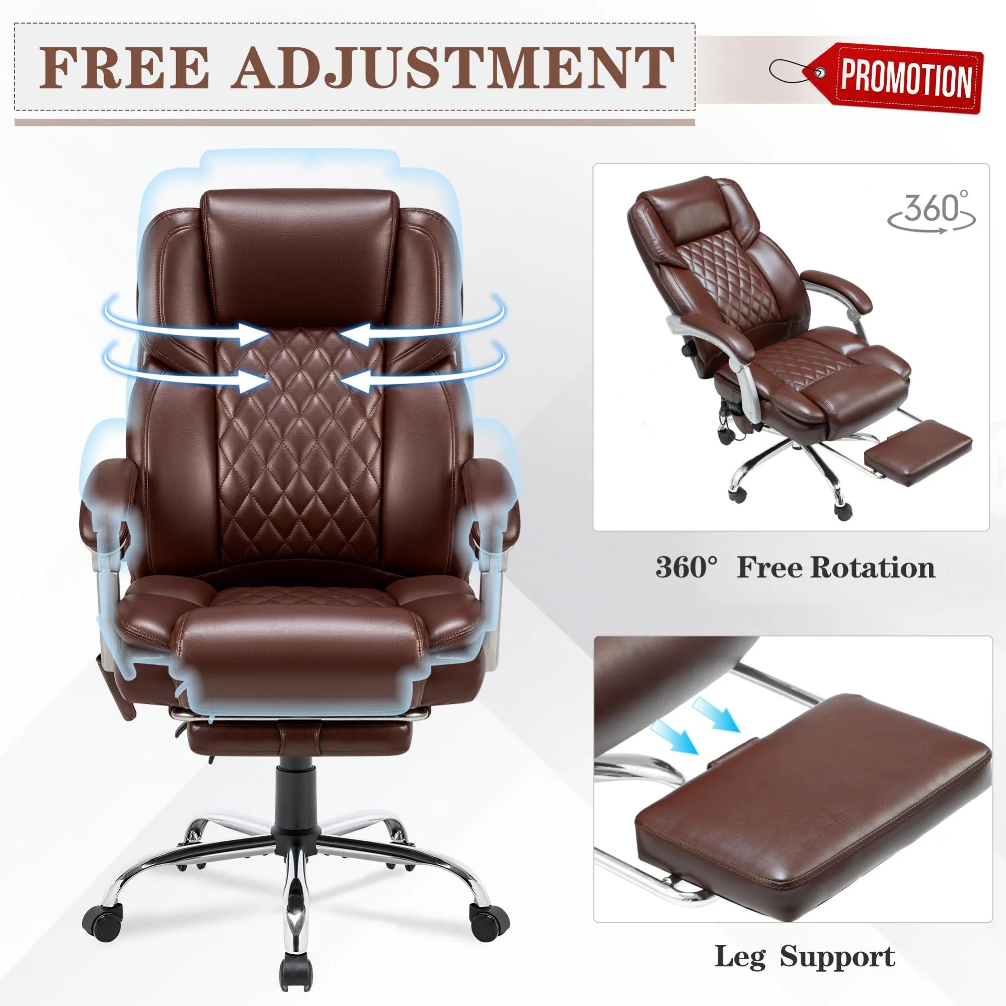 Executive Office Chair, Ergonomic Desk Chair Big and Tall Massage and Heated, Brown
