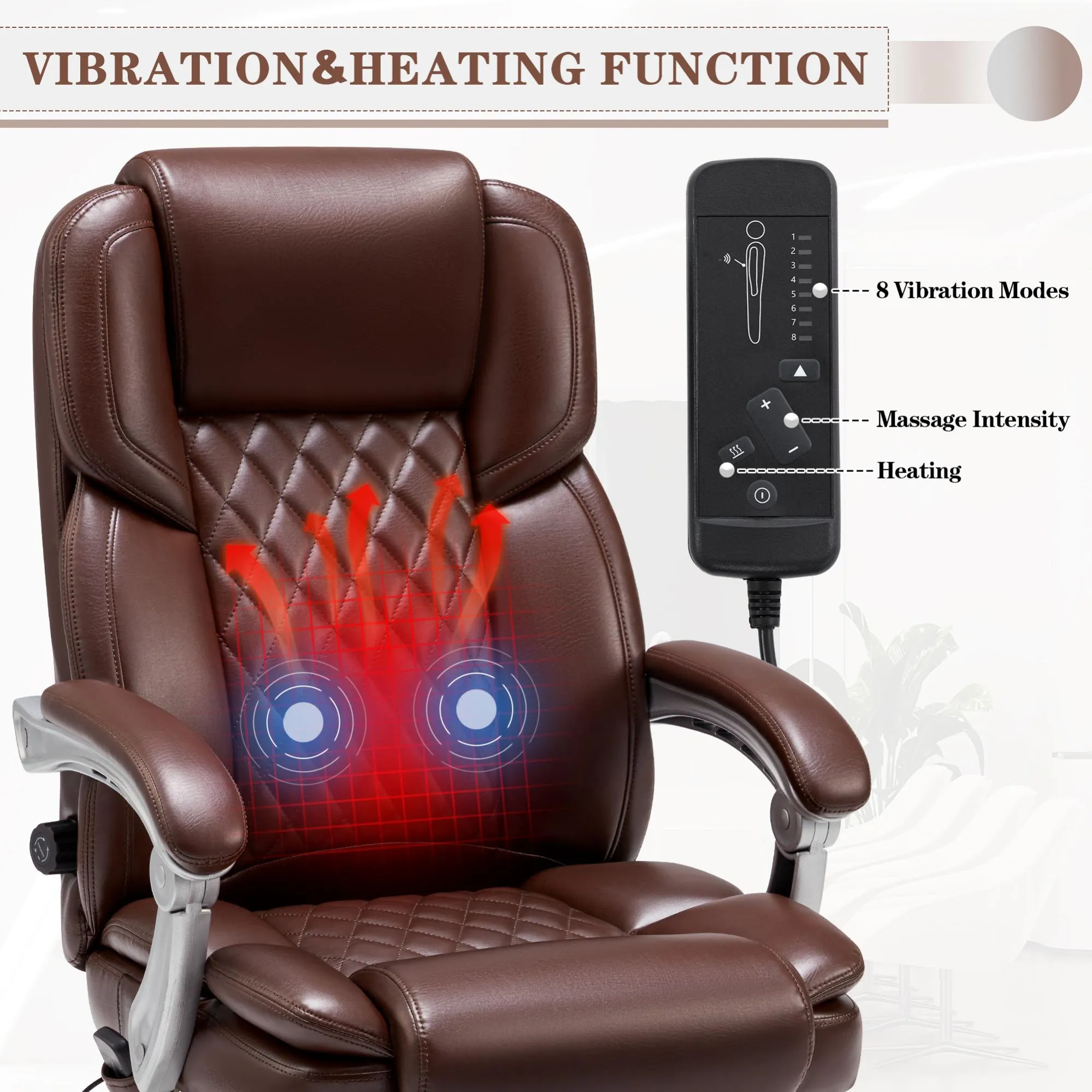 Executive Office Chair, Ergonomic Desk Chair Big and Tall Massage and Heated, Brown
