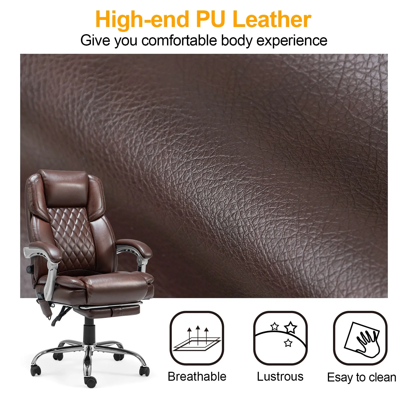 Executive Office Chair, Ergonomic Desk Chair Big and Tall Massage and Heated, Brown