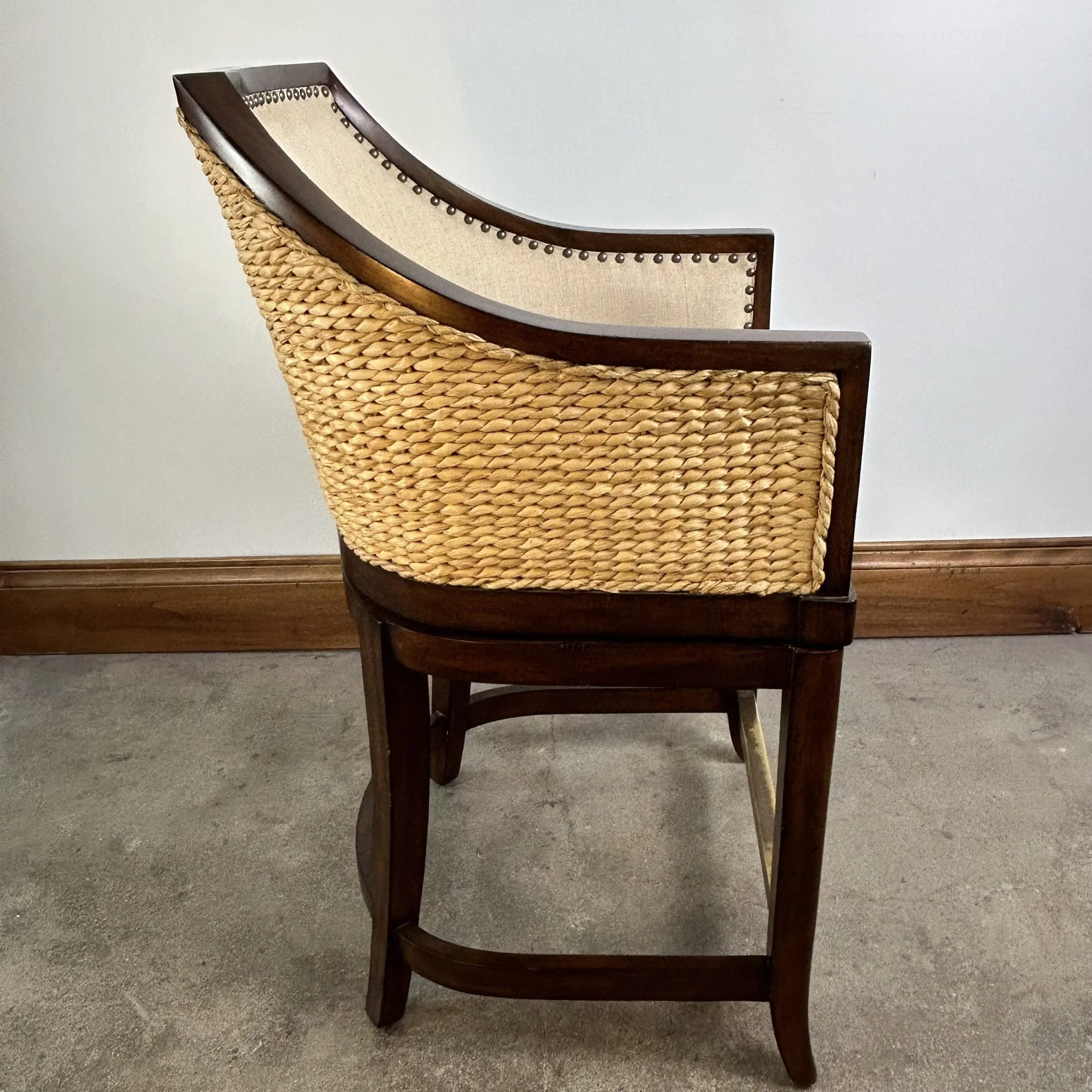 Front Gate Bar Stool, Swivel, Woven Back, Linen Upholstery