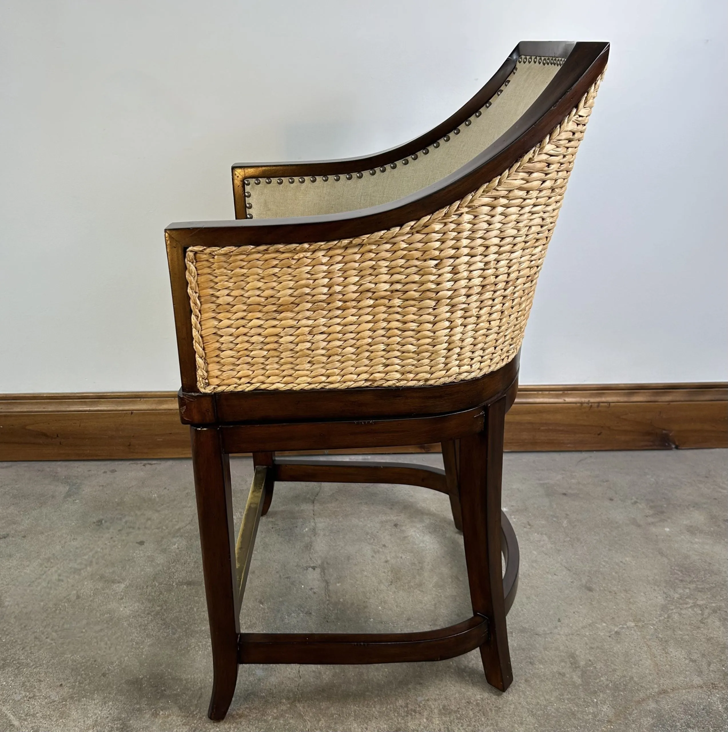 Front Gate Bar Stool, Swivel, Woven Back, Linen Upholstery
