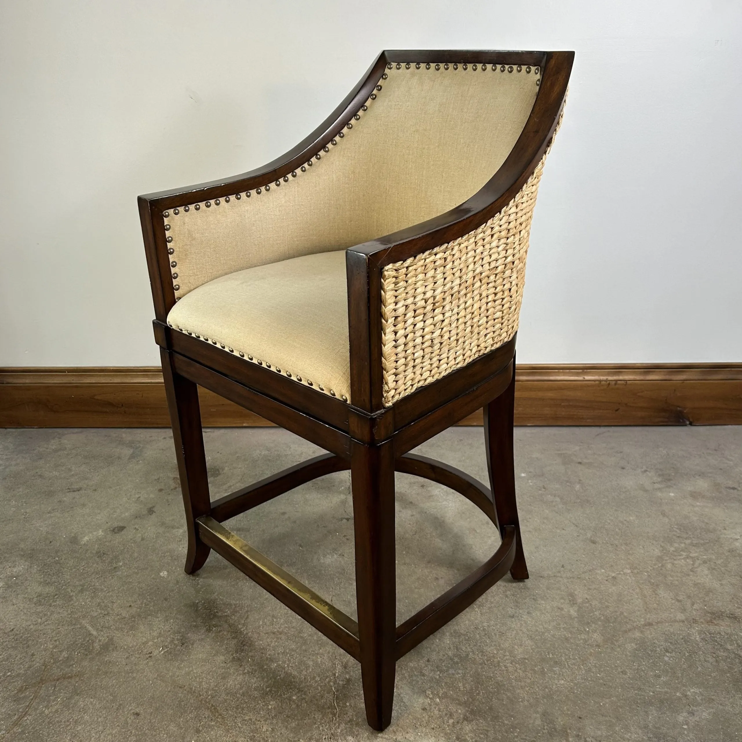 Front Gate Bar Stool, Swivel, Woven Back, Linen Upholstery