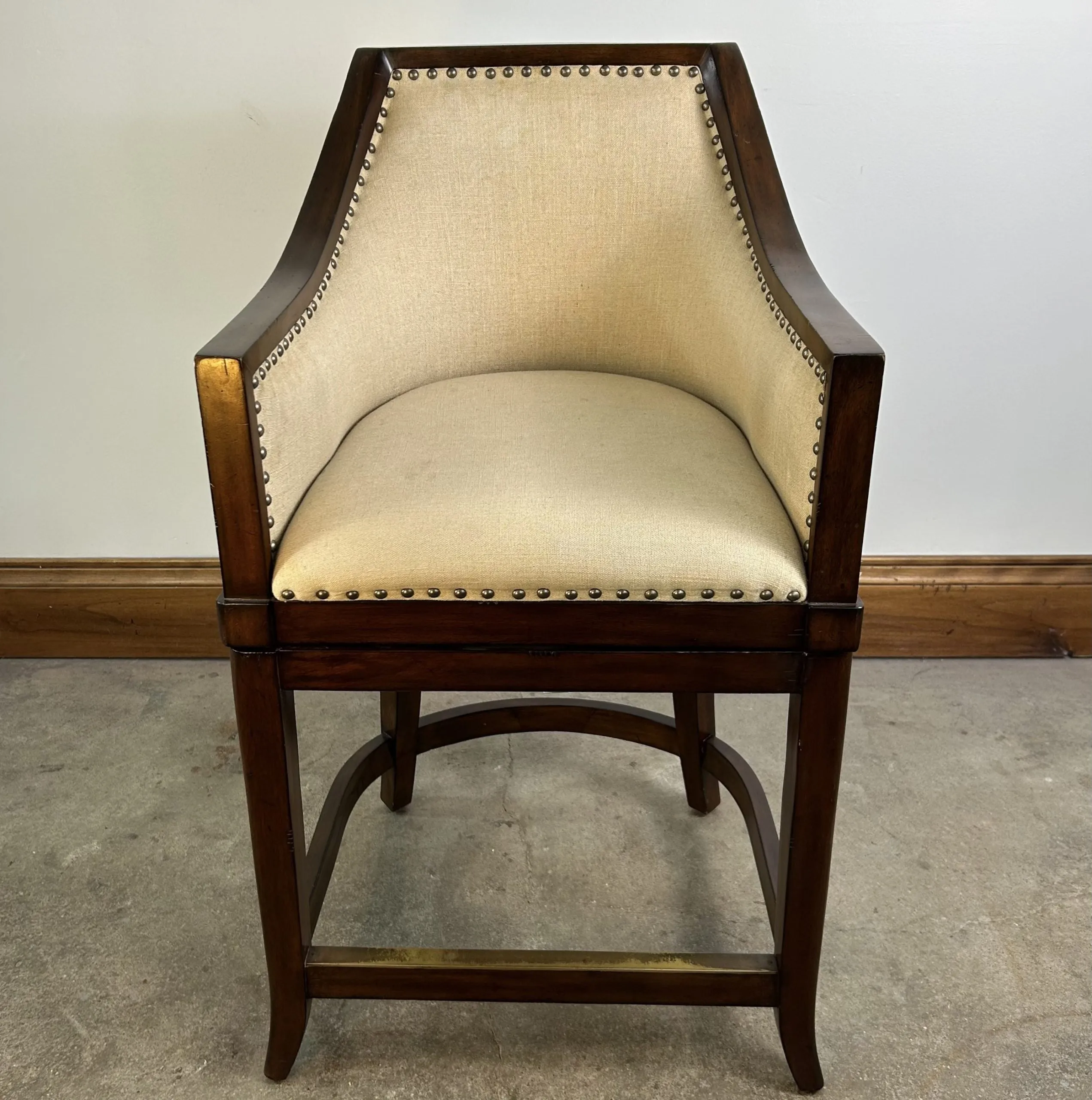 Front Gate Bar Stool, Swivel, Woven Back, Linen Upholstery