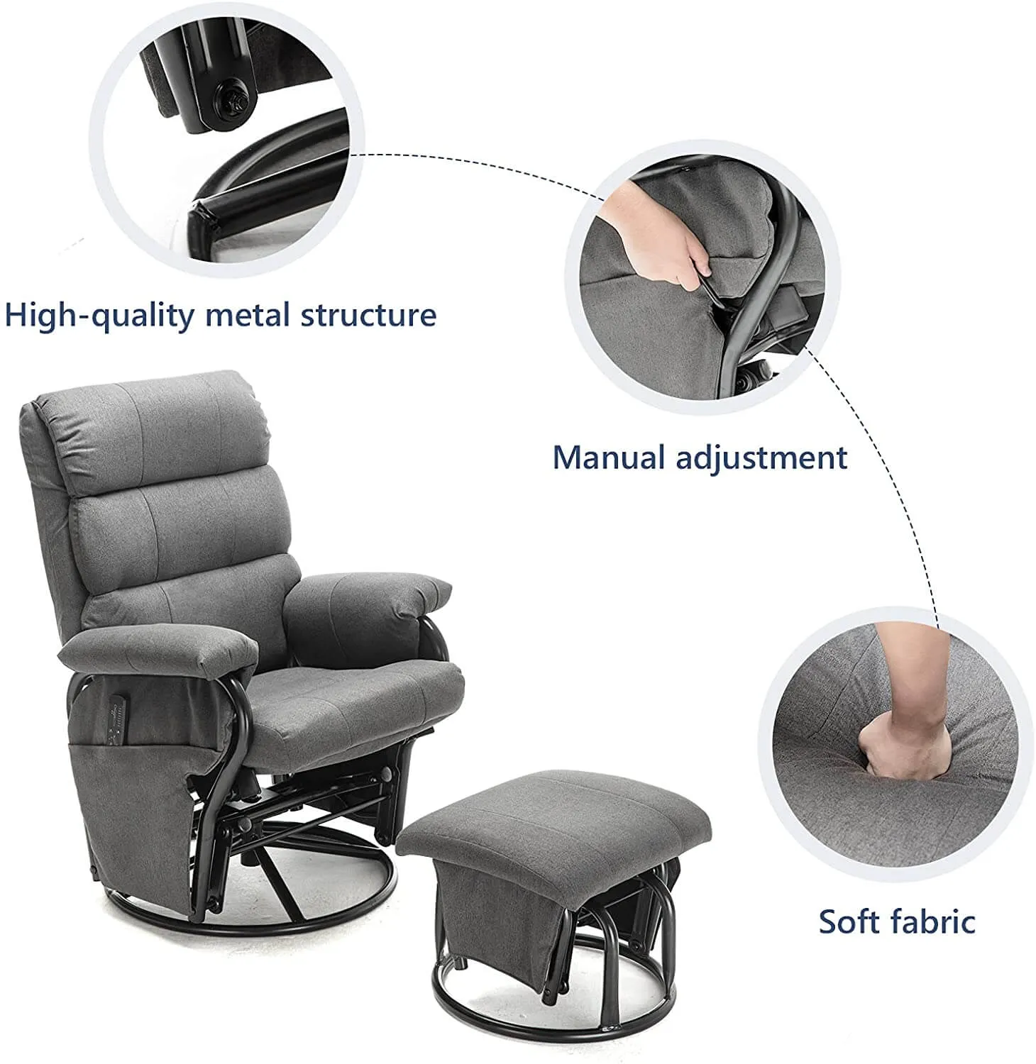 Glider Recliner with Ottoman Vibration Massage Lounge Chair Set, Grey