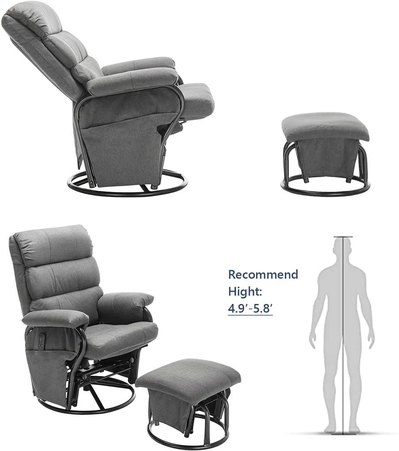 Glider Recliner with Ottoman Vibration Massage Lounge Chair Set, Grey