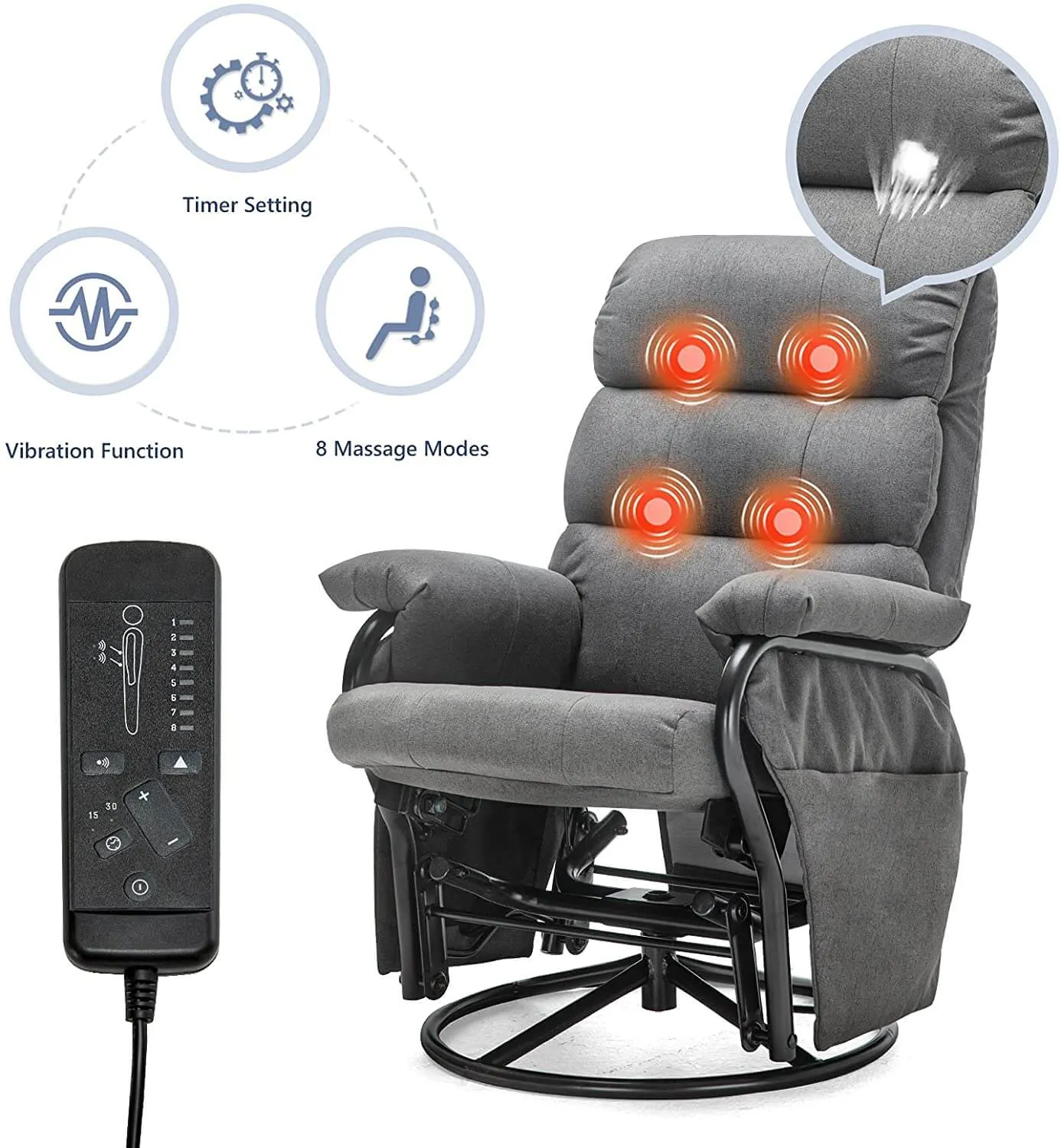 Glider Recliner with Ottoman Vibration Massage Lounge Chair Set, Grey