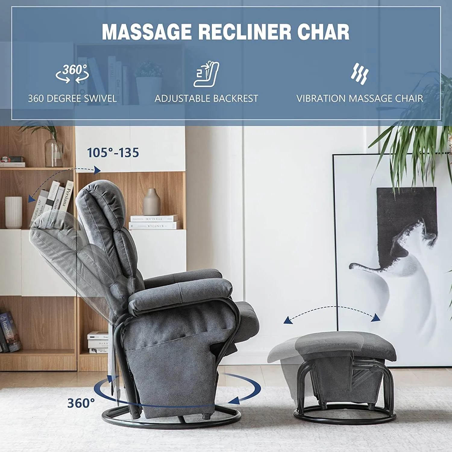 Glider Recliner with Ottoman Vibration Massage Lounge Chair Set, Grey
