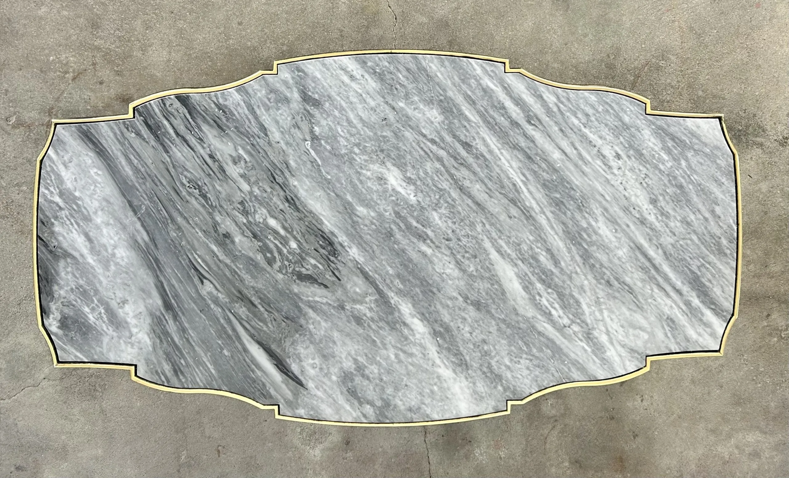 Gray and White Marble Top Coffee Table, With Bronze Frame, Cut-Out Semi-Oval Shape