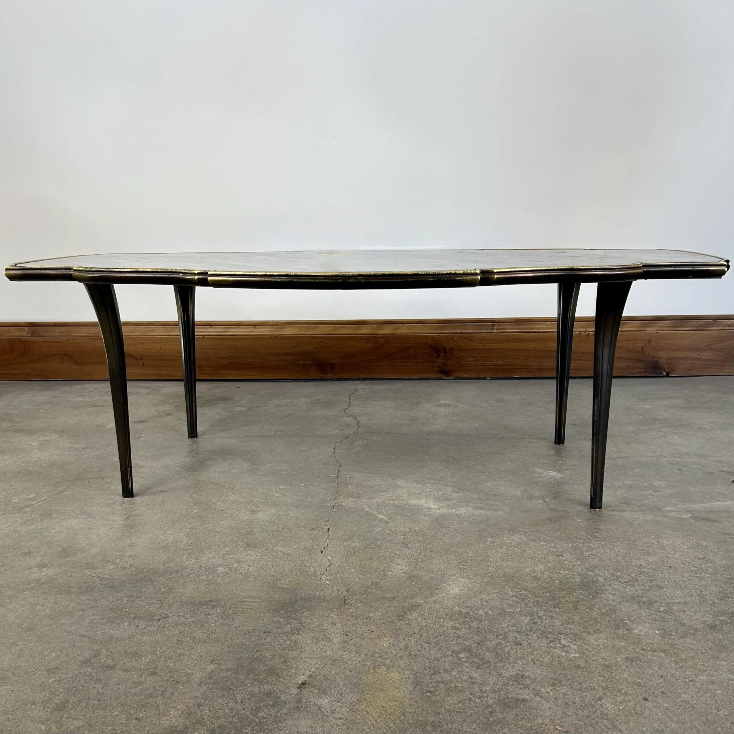 Gray and White Marble Top Coffee Table, With Bronze Frame, Cut-Out Semi-Oval Shape