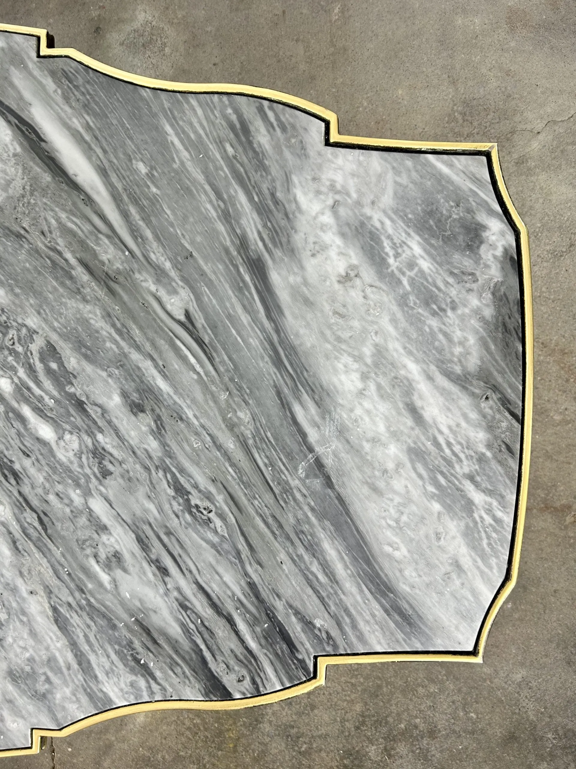 Gray and White Marble Top Coffee Table, With Bronze Frame, Cut-Out Semi-Oval Shape