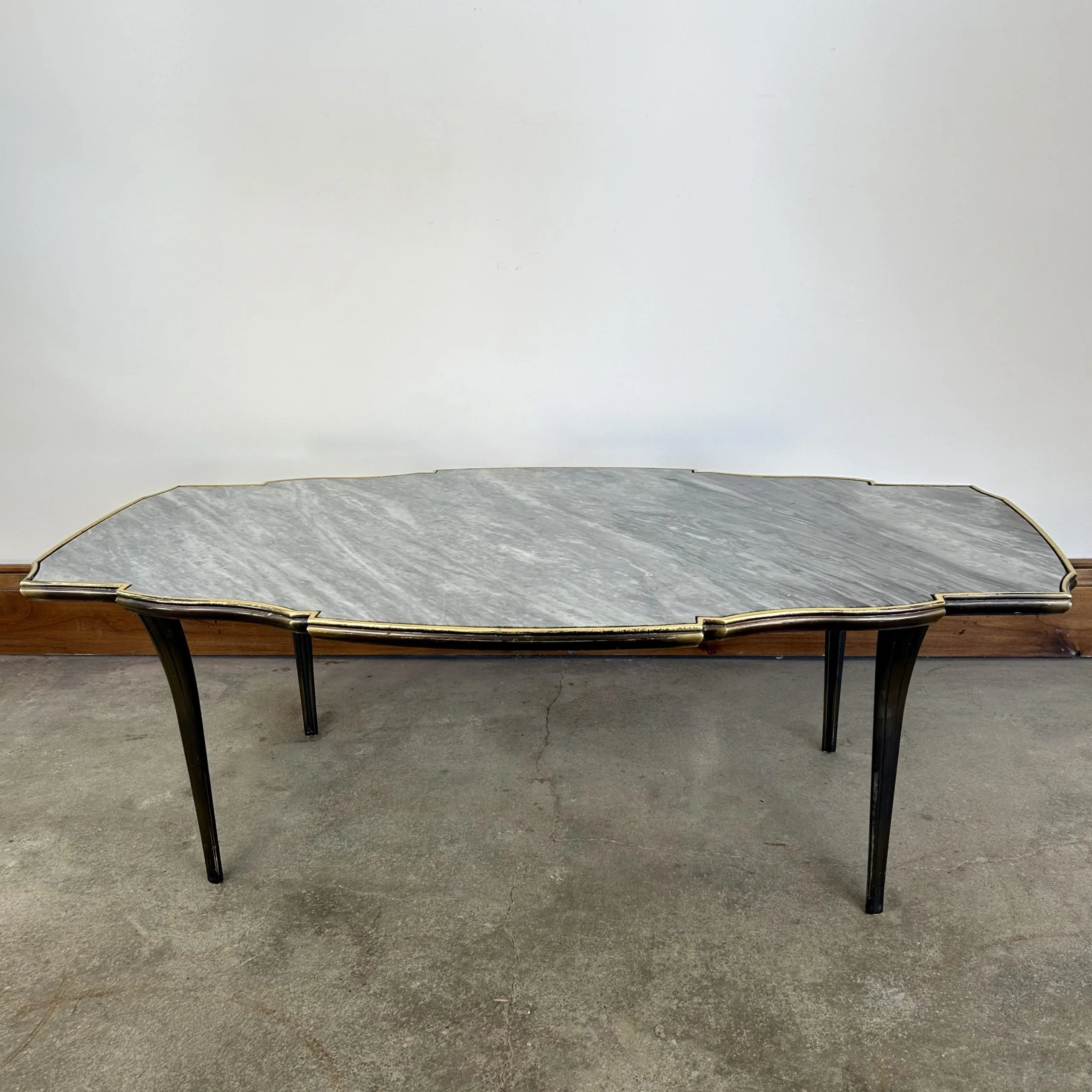 Gray and White Marble Top Coffee Table, With Bronze Frame, Cut-Out Semi-Oval Shape