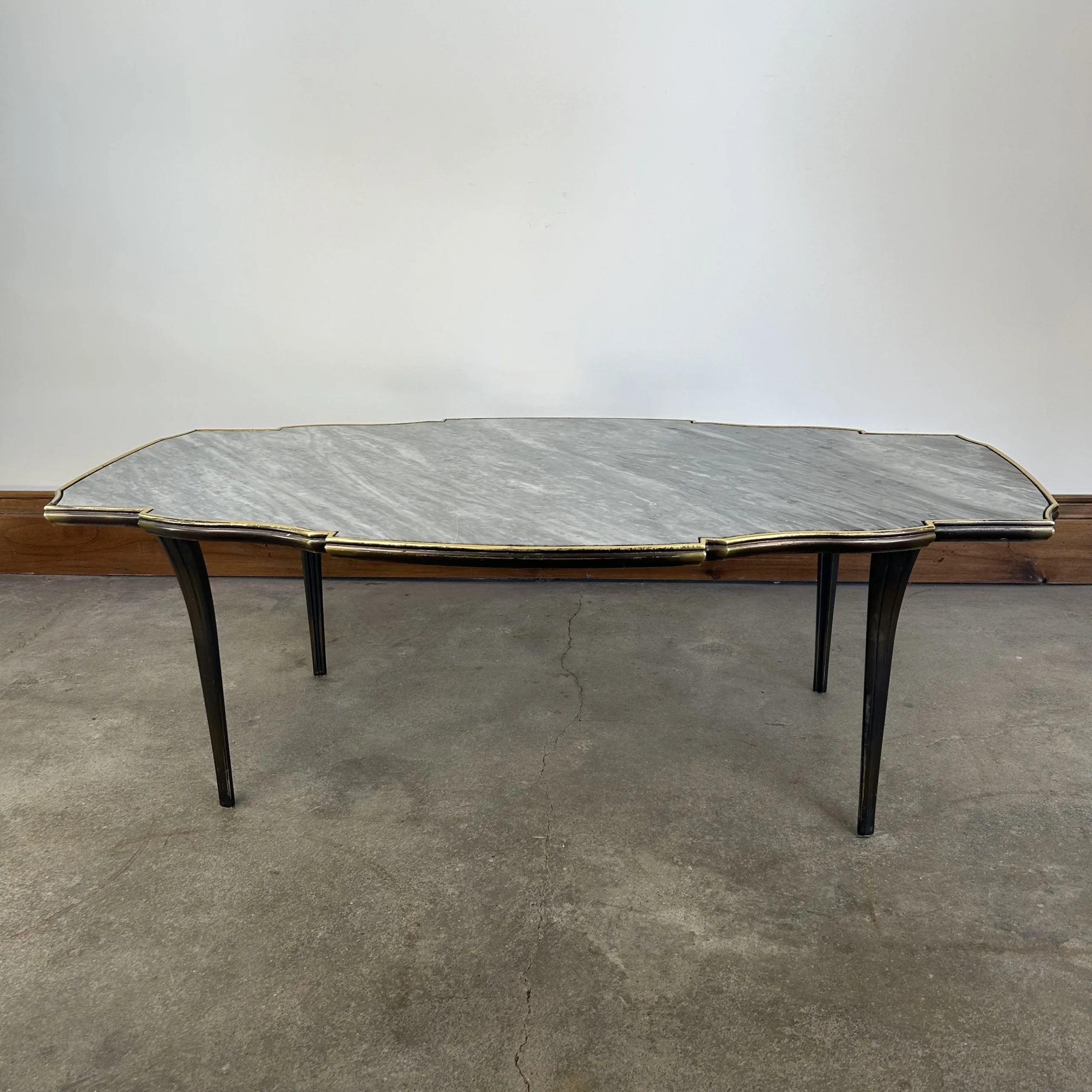 Gray and White Marble Top Coffee Table, With Bronze Frame, Cut-Out Semi-Oval Shape