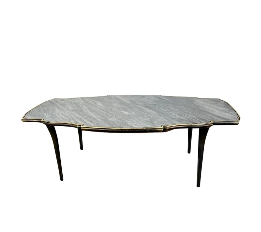 Gray and White Marble Top Coffee Table, With Bronze Frame, Cut-Out Semi-Oval Shape