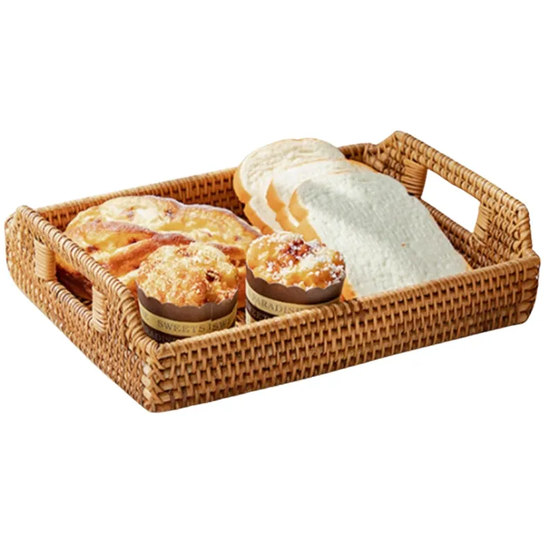 Hand-Woven Rattan Serving Tray with Handles for Breakfast, Drinks, Snack for Dining/Coffee Table (14.5 inch (37 cm), Rectangular)