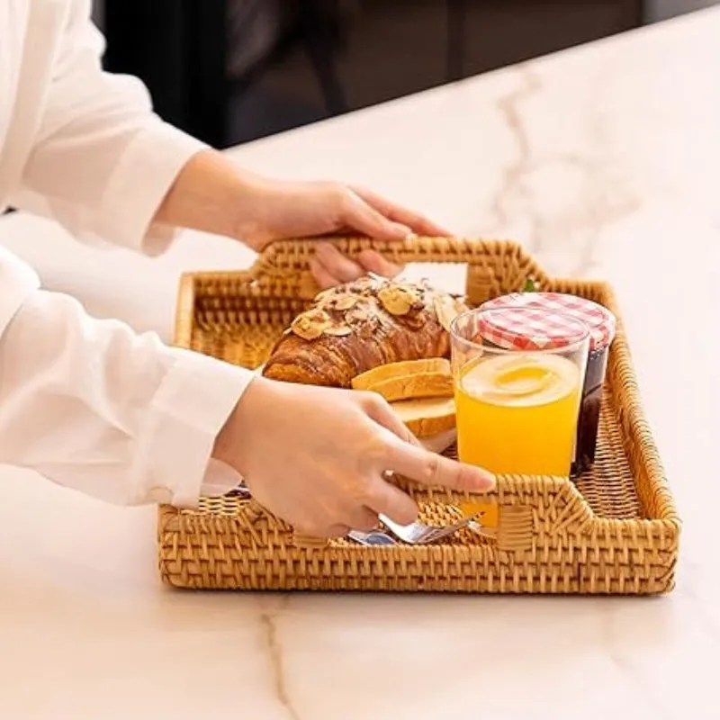 Hand-Woven Rattan Serving Tray with Handles for Breakfast, Drinks, Snack for Dining/Coffee Table (14.5 inch (37 cm), Rectangular)