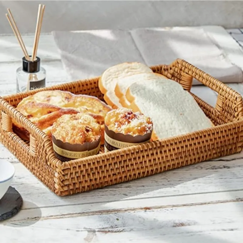 Hand-Woven Rattan Serving Tray with Handles for Breakfast, Drinks, Snack for Dining/Coffee Table (14.5 inch (37 cm), Rectangular)