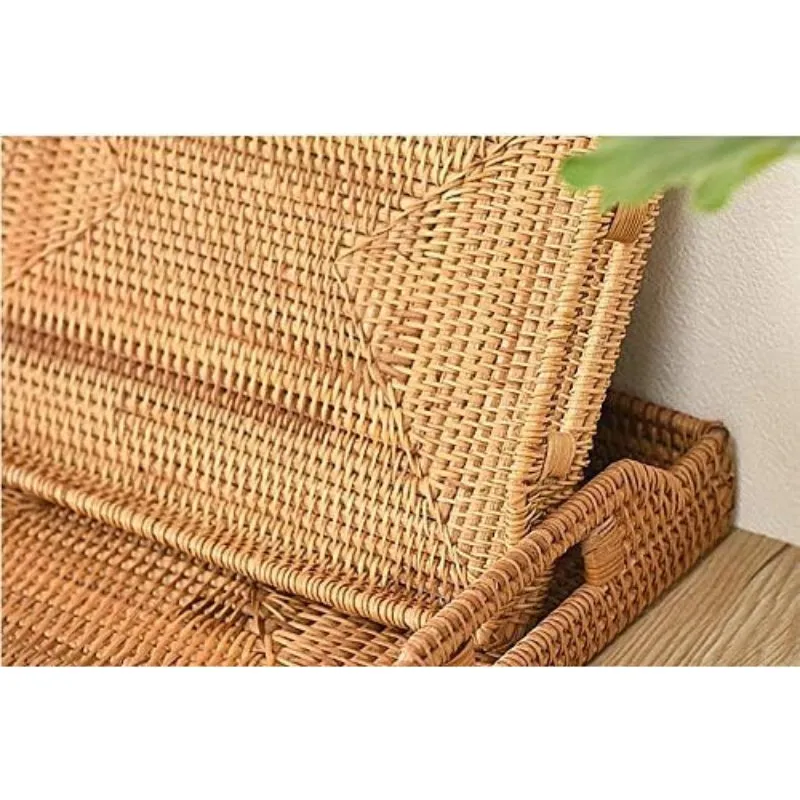 Hand-Woven Rattan Serving Tray with Handles for Breakfast, Drinks, Snack for Dining/Coffee Table (14.5 inch (37 cm), Rectangular)