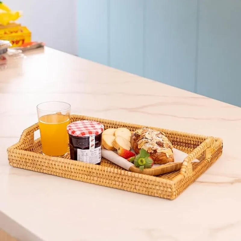 Hand-Woven Rattan Serving Tray with Handles for Breakfast, Drinks, Snack for Dining/Coffee Table (14.5 inch (37 cm), Rectangular)