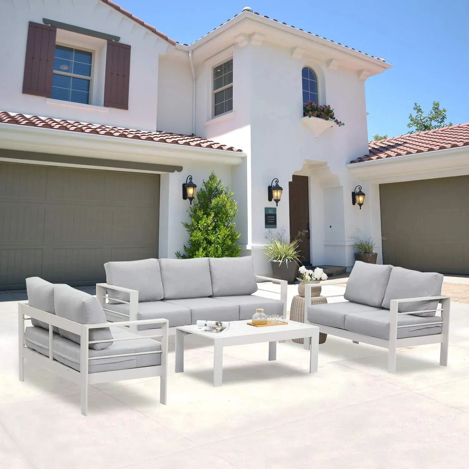 Heynemo Superjoe 7 Seats Outdoor Furniture Sofa Set Aluminum Patio Conversation Set With Coffee Table and 5 Inches Cushions, White
