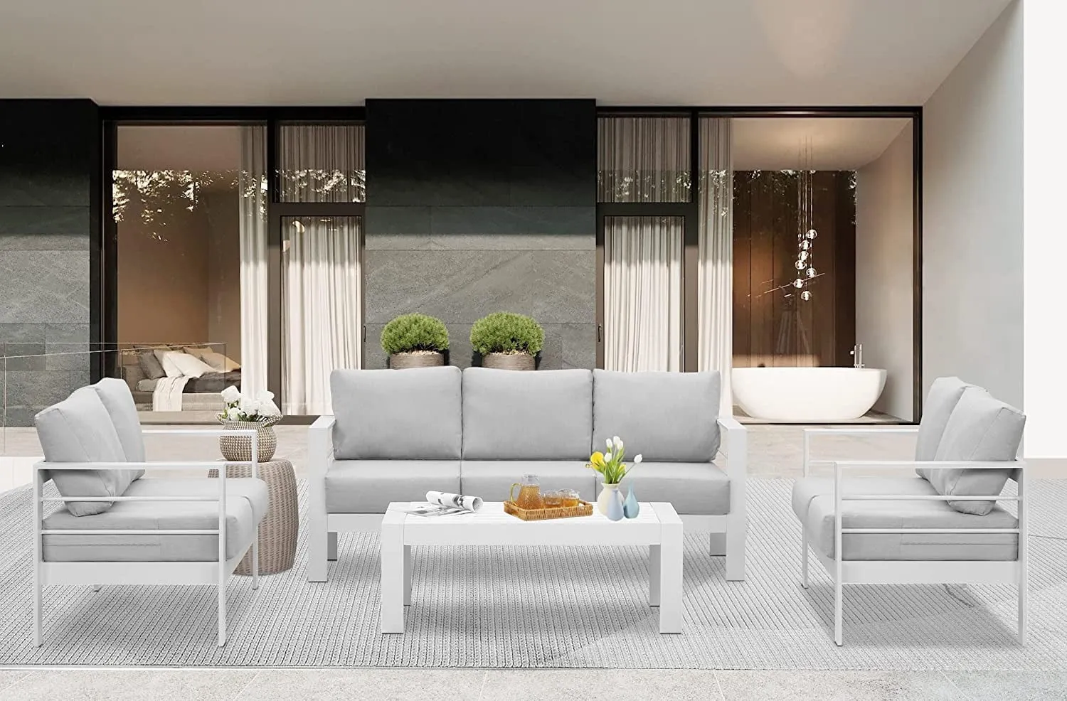 Heynemo Superjoe 7 Seats Outdoor Furniture Sofa Set Aluminum Patio Conversation Set With Coffee Table and 5 Inches Cushions, White