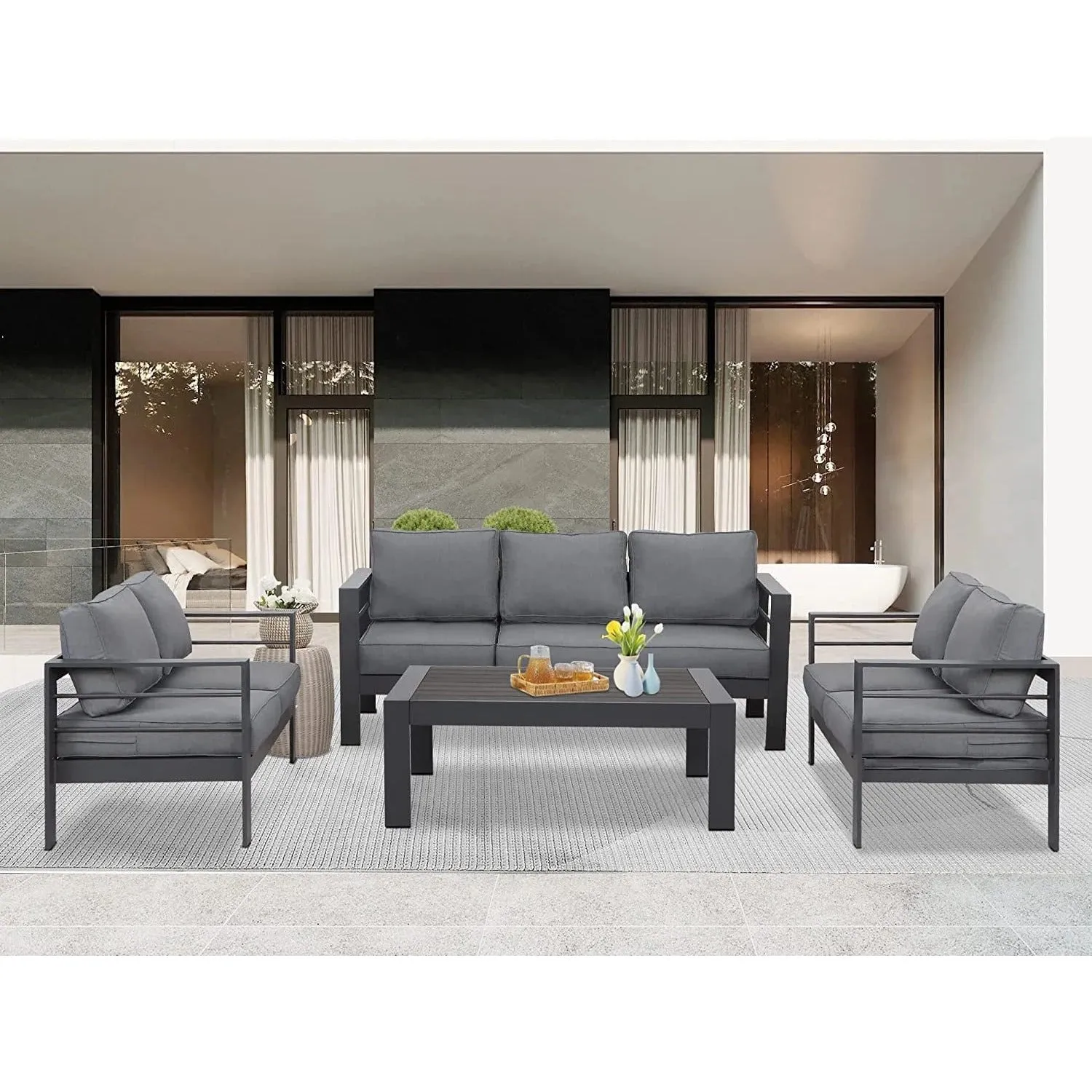 Heynemo Superjoe 7 Seats Outdoor Furniture Sofa Set Aluminum Patio Conversation Set With Coffee Table and 5 Inches Cushions, White