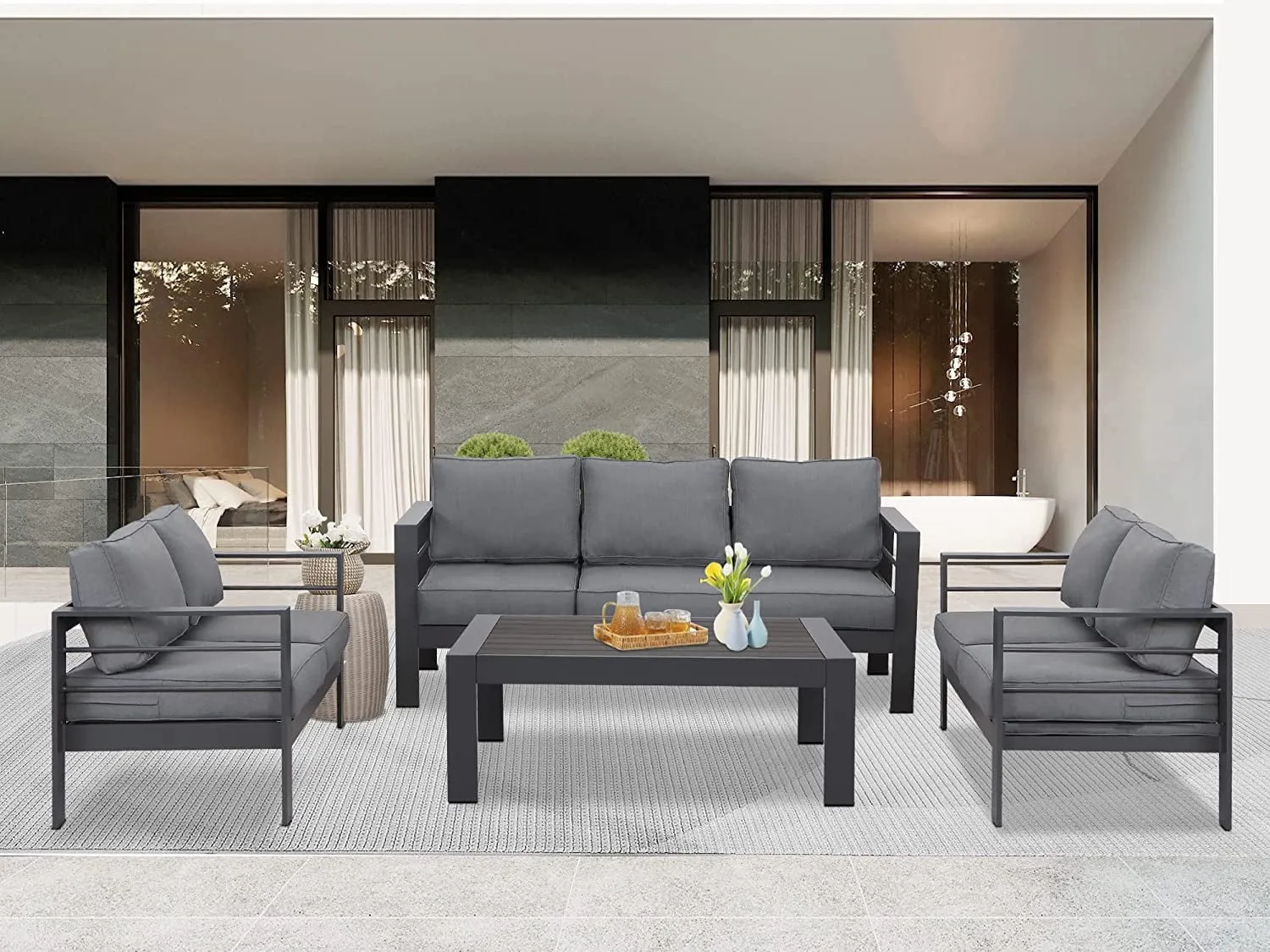 Heynemo Superjoe 7 Seats Outdoor Furniture Sofa Set Aluminum Patio Conversation Set With Coffee Table and 5 Inches Cushions, White