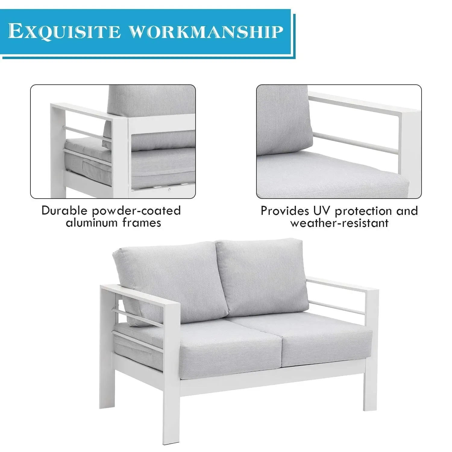 Heynemo Superjoe 7 Seats Outdoor Furniture Sofa Set Aluminum Patio Conversation Set With Coffee Table and 5 Inches Cushions, White