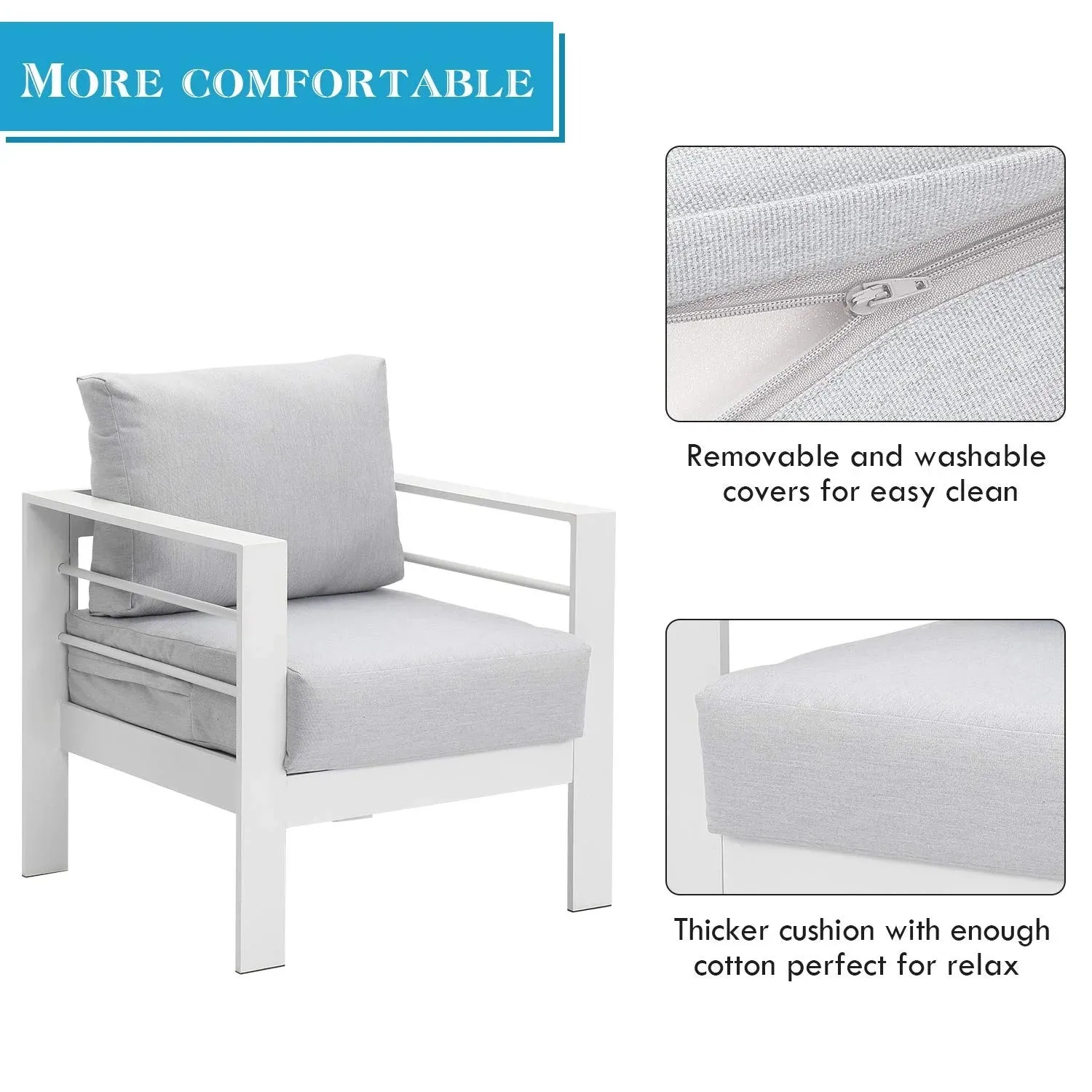 Heynemo Superjoe 7 Seats Outdoor Furniture Sofa Set Aluminum Patio Conversation Set With Coffee Table and 5 Inches Cushions, White
