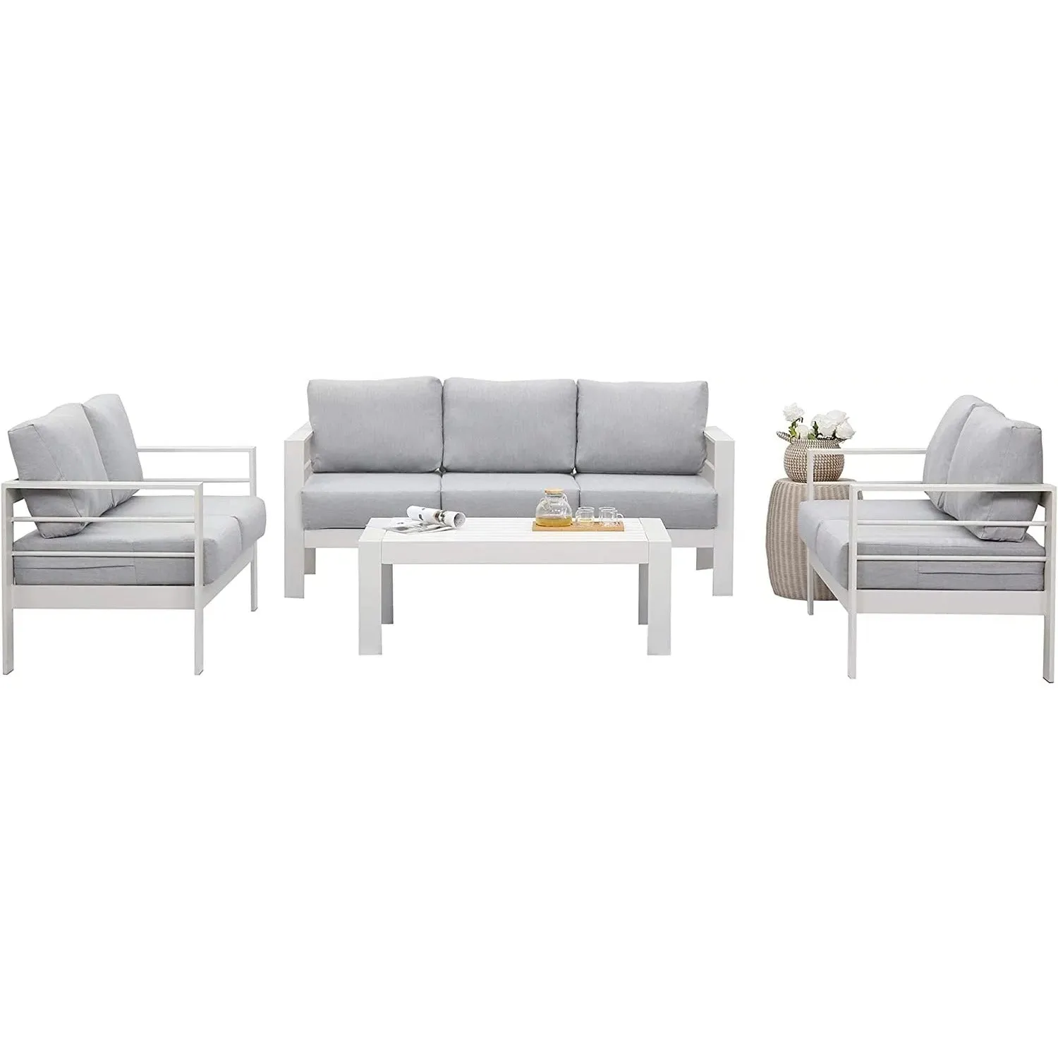Heynemo Superjoe 7 Seats Outdoor Furniture Sofa Set Aluminum Patio Conversation Set With Coffee Table and 5 Inches Cushions, White