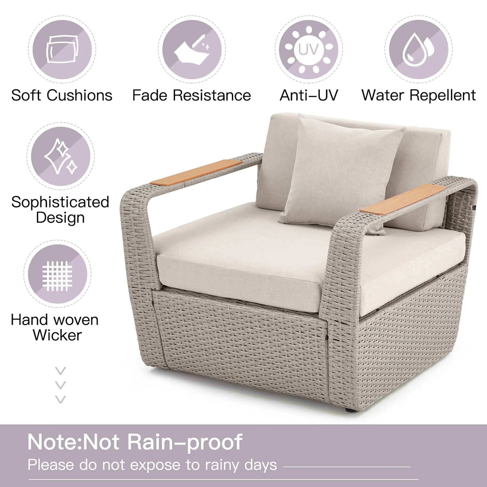 Homrest 6 Pcs Patio Furniture Set with Thick Cushion and Coffee Table, Light Gray