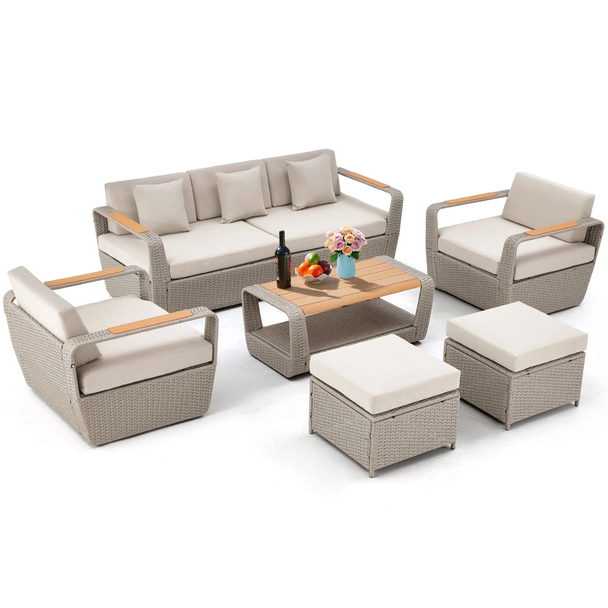 Homrest 6 Pcs Patio Furniture Set with Thick Cushion and Coffee Table, Light Gray