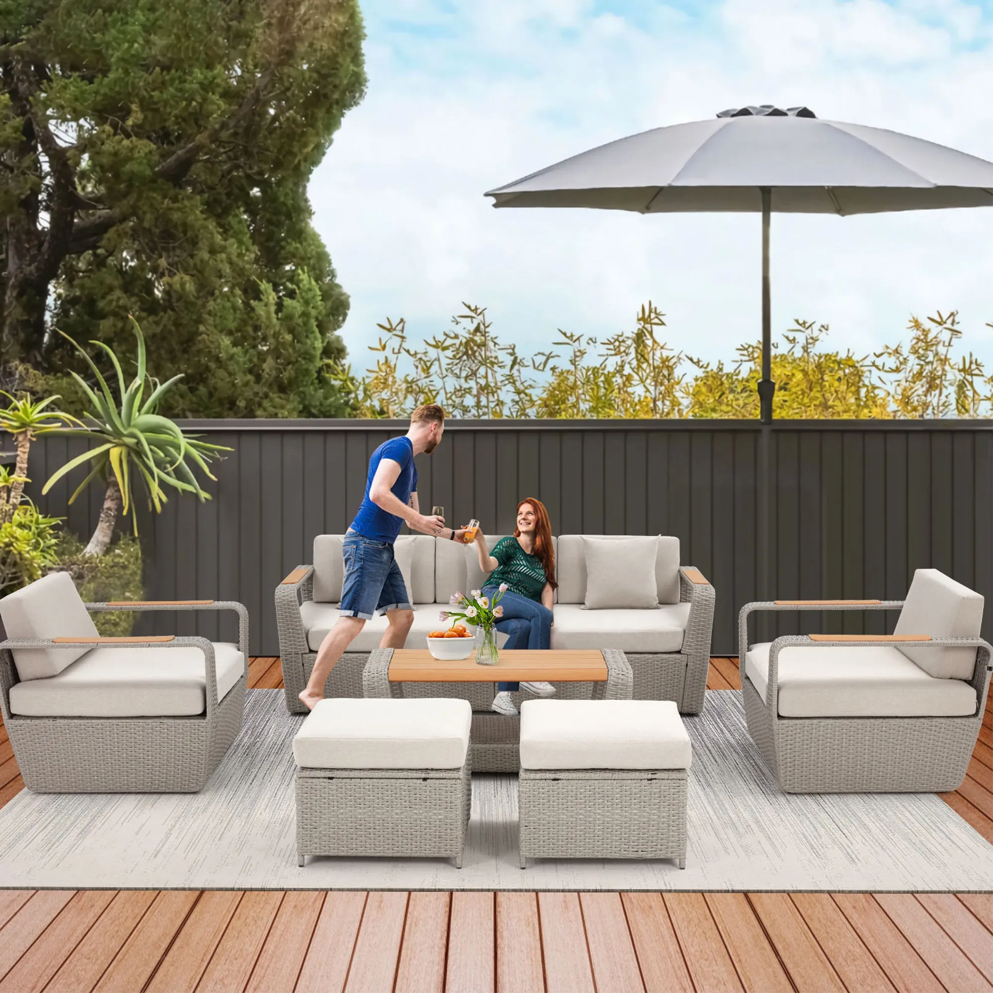 Homrest 6 Pcs Patio Furniture Set with Thick Cushion and Coffee Table, Light Gray