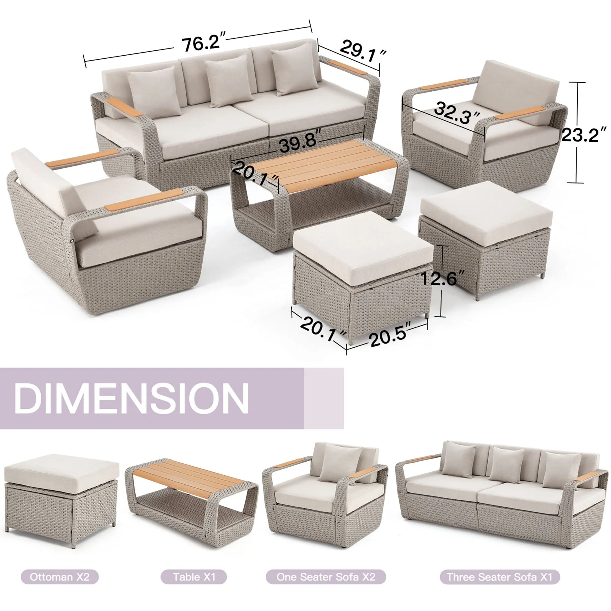 Homrest 6 Pcs Patio Furniture Set with Thick Cushion and Coffee Table, Light Gray
