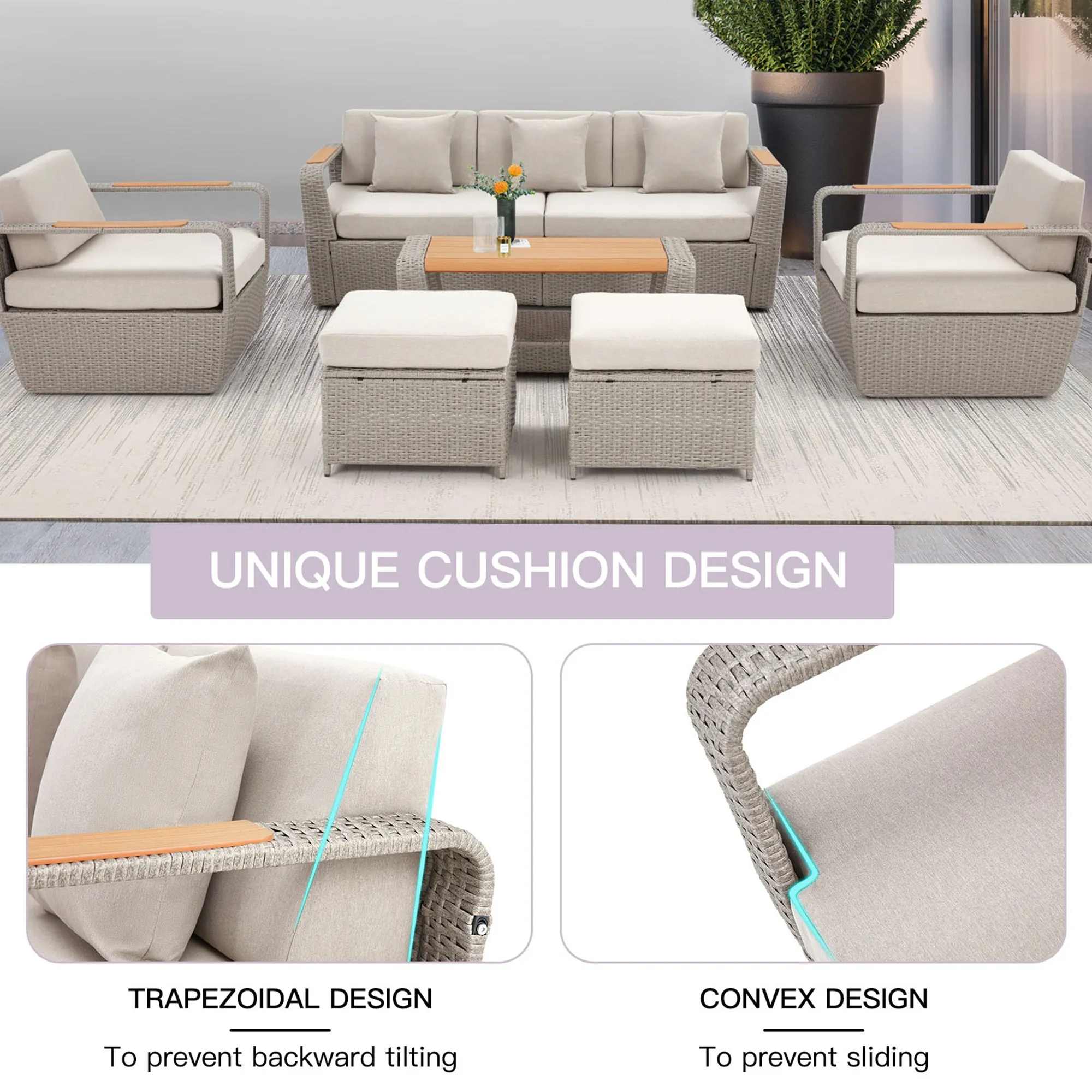 Homrest 6 Pcs Patio Furniture Set with Thick Cushion and Coffee Table, Light Gray