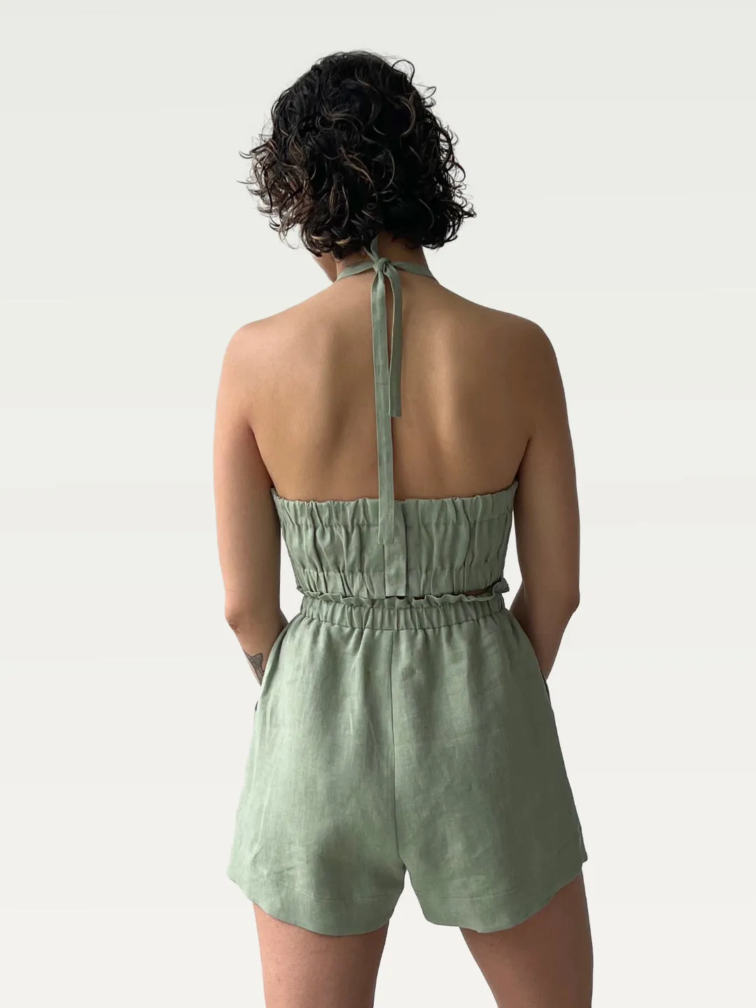Linen V-Neck Halter in Eucalyptus