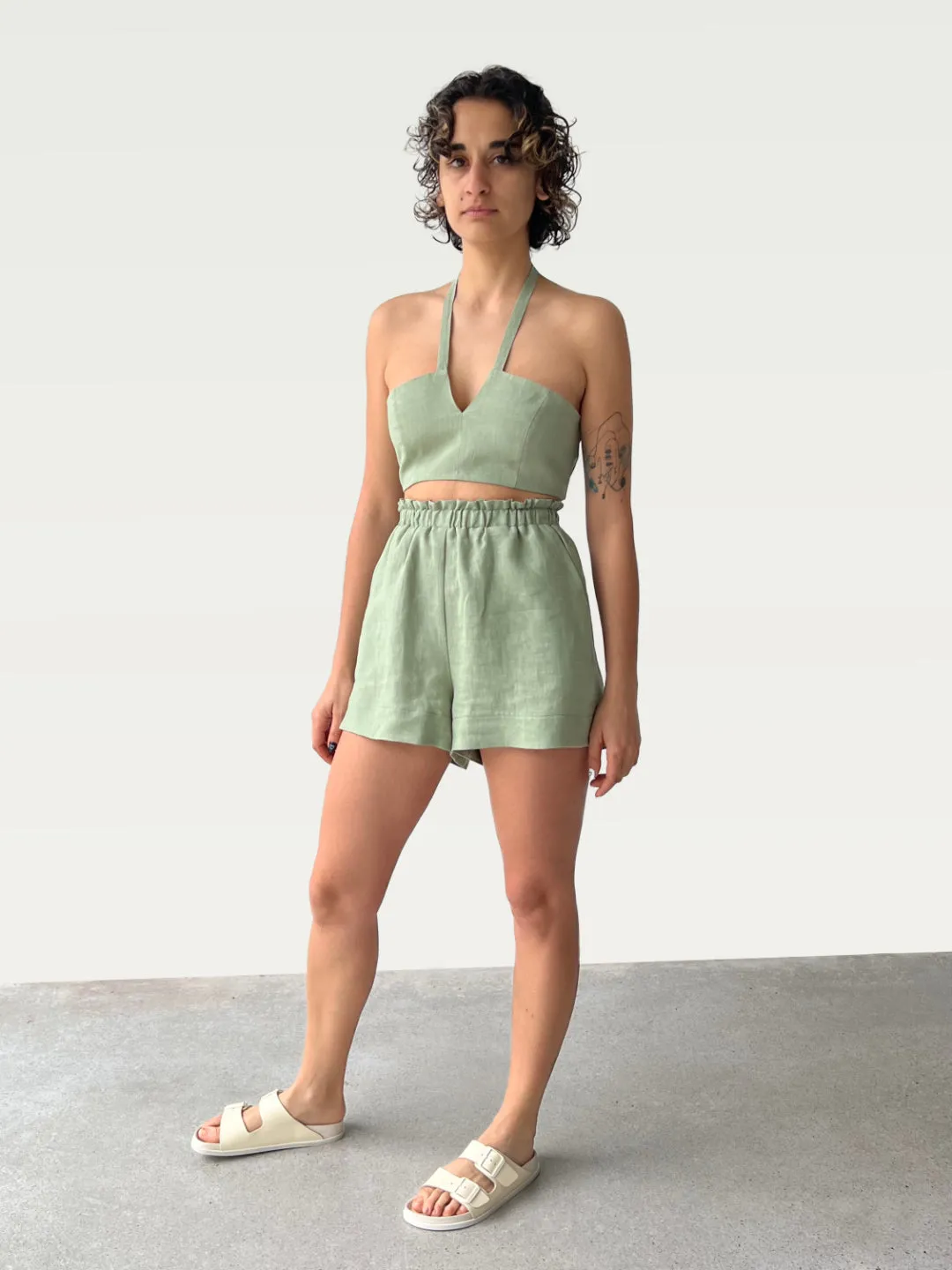 Linen V-Neck Halter in Eucalyptus