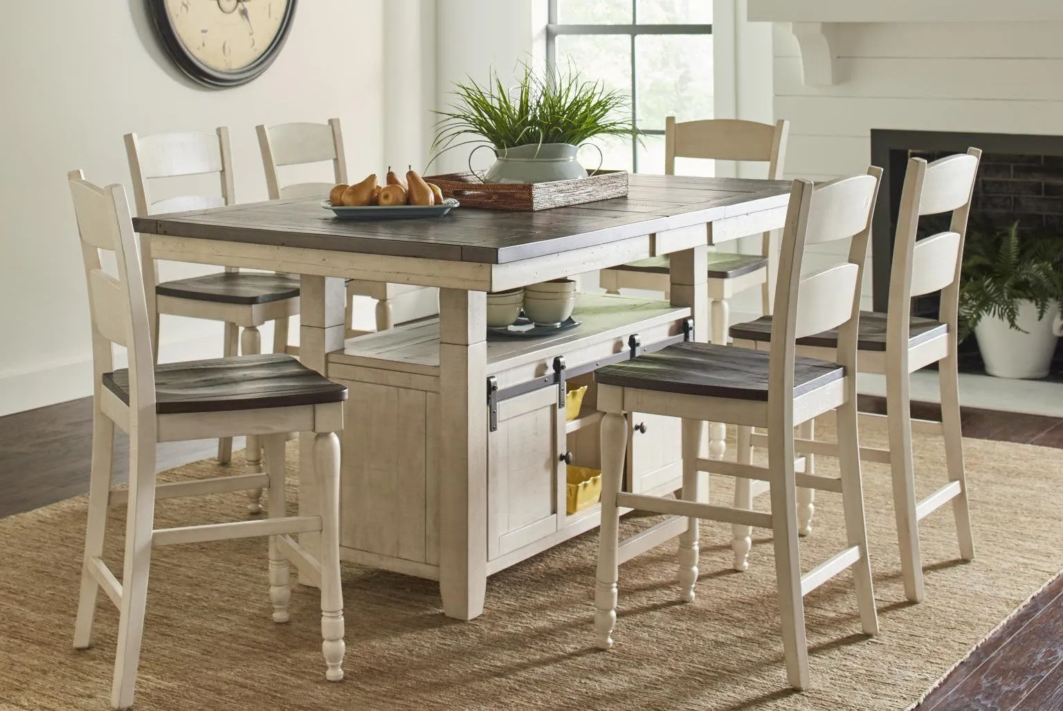 Loft 7-Pc Dining Set Hi-Lo Extendable (60-72")Adjustable Height in Vintage White