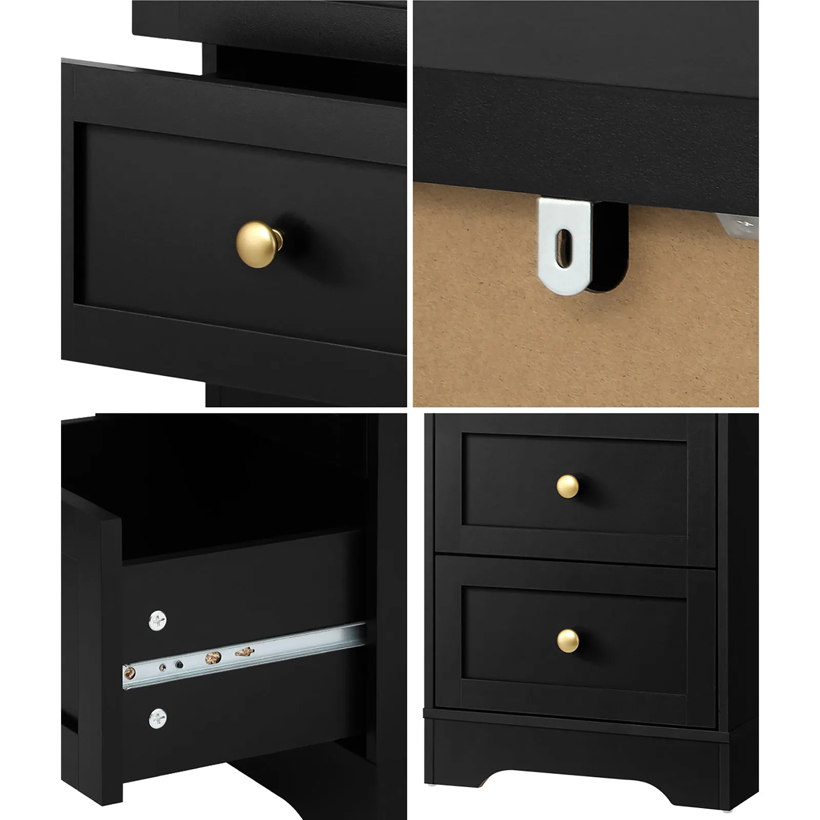 Oikiture 2 X Bedside Tables Hamptons Furniture Storage Cabinet Black