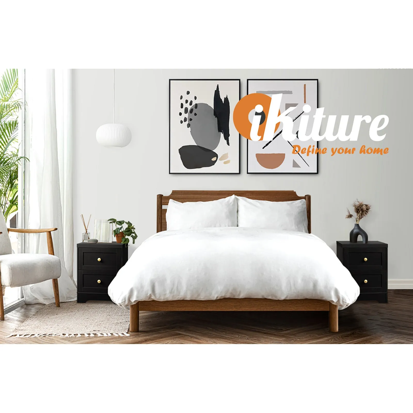 Oikiture 2 X Bedside Tables Hamptons Furniture Storage Cabinet Black