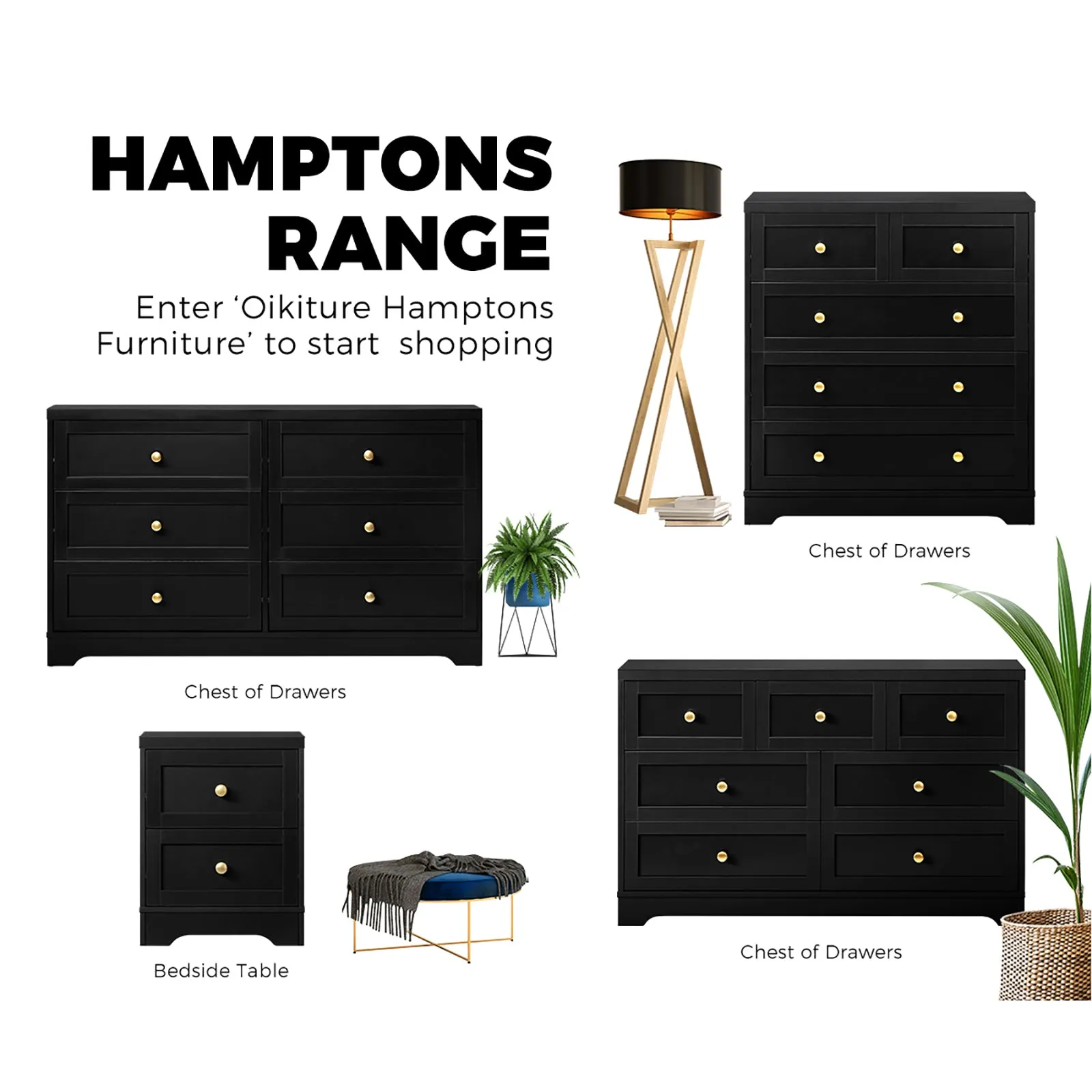Oikiture 2 X Bedside Tables Hamptons Furniture Storage Cabinet Black