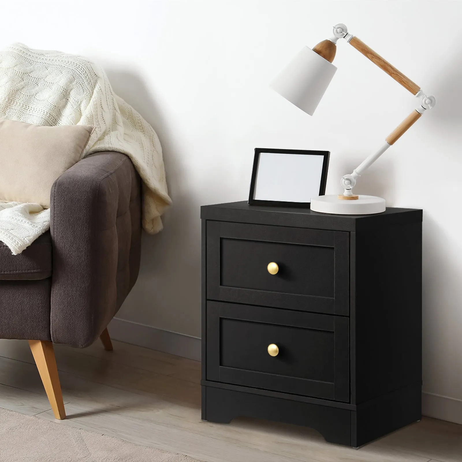 Oikiture 2 X Bedside Tables Hamptons Furniture Storage Cabinet Black