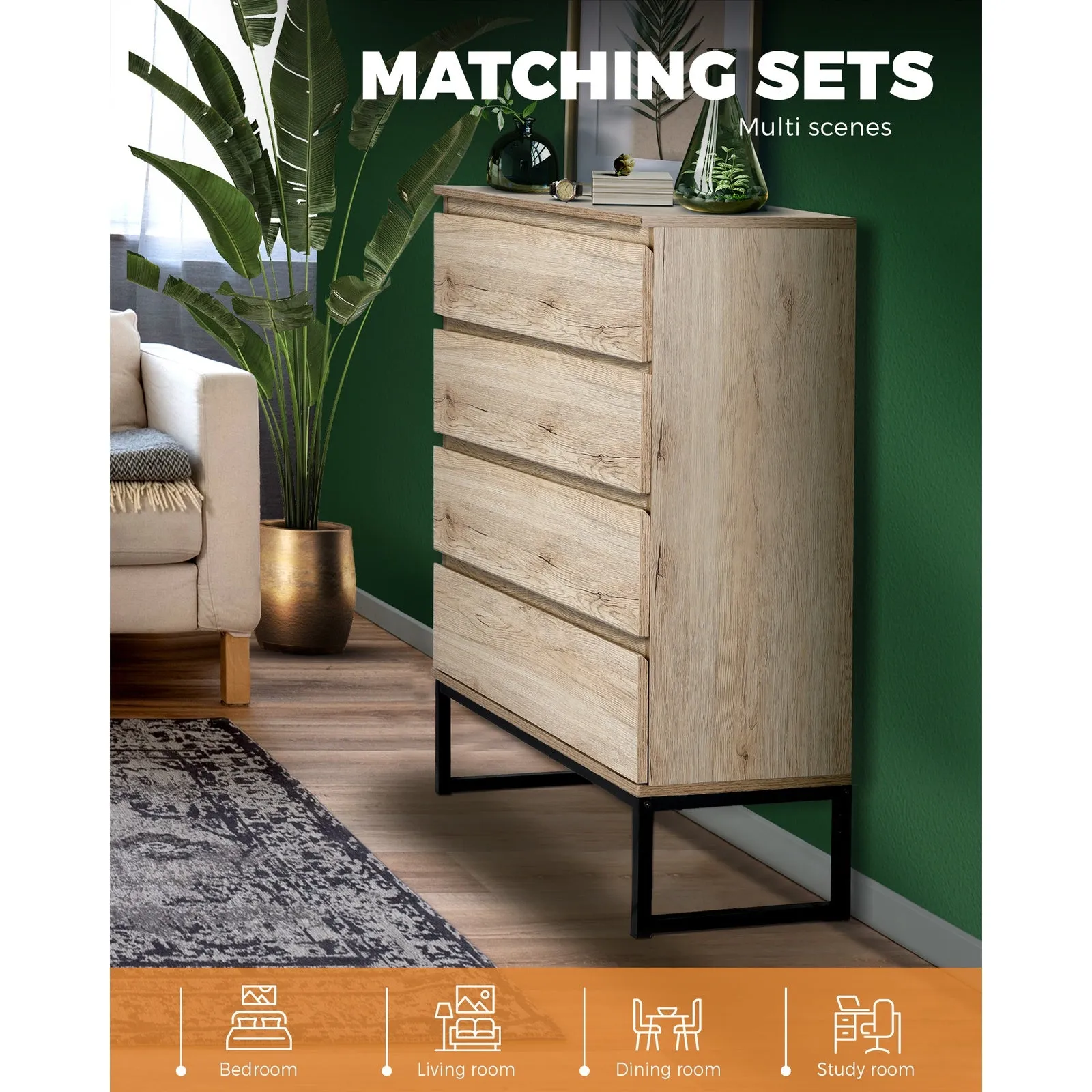 Oikiture 4 Chest of Drawers Storage Cabinet Tallboy Dresser Bedroom Furniture