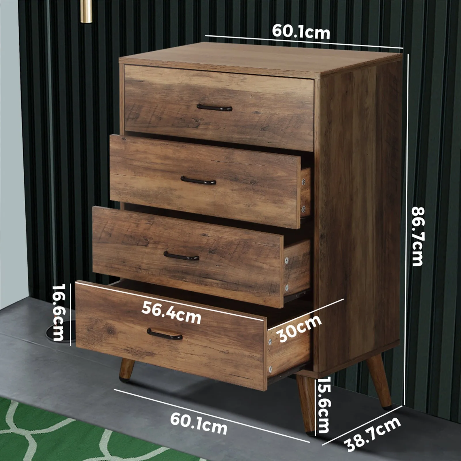 Oikiture 4 Chest of Drawers Storage Cabinet Tallboy Dresser Furniture Wooden